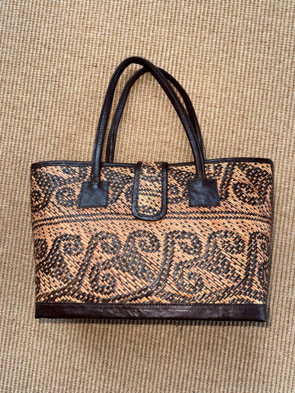 Woven Natural & Black Patterned Handbag with Brown Leather Trim